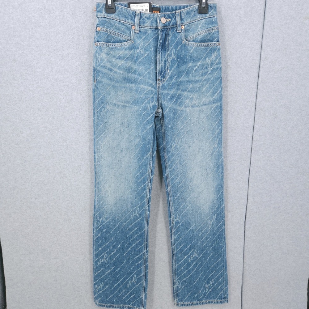 Boss ADA Logo Print Straight Leg Slim Fit Blue Denim Jeans Womens Size 26 NWT
